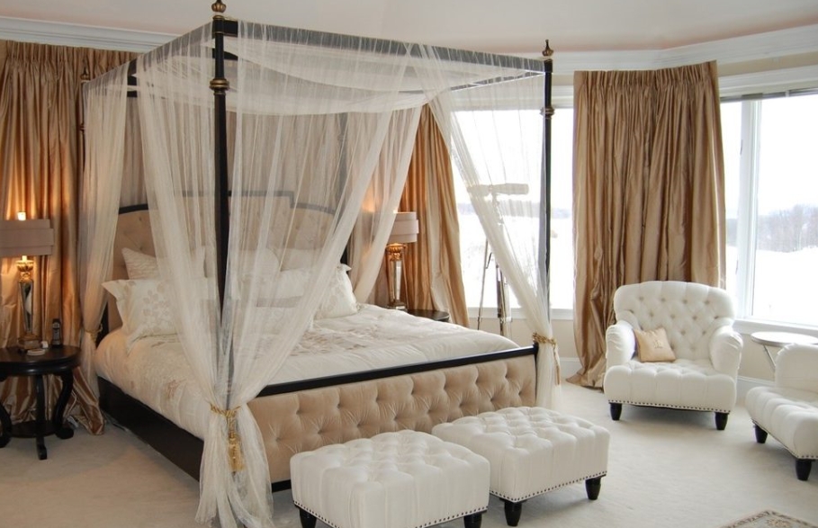 how to hang curtains on a canopy bed